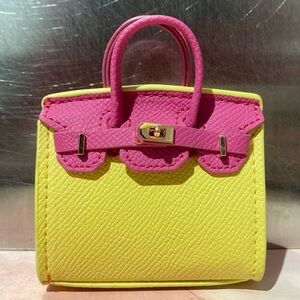 👜Handmade Mini Violet Yellow Faux Leather Birkin AirPod Tote Bag Charm Miniature